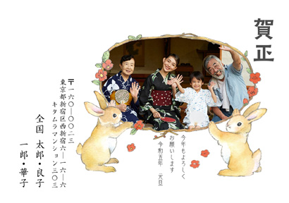 かわいい・卯(兎・うさぎ・ウサギ)の写真入り年賀状デザイン・テンプレート|KPN-123NY