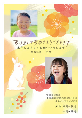 かわいい・卯(兎・うさぎ・ウサギ)の写真入り年賀状デザイン・テンプレート|KQN-201NT