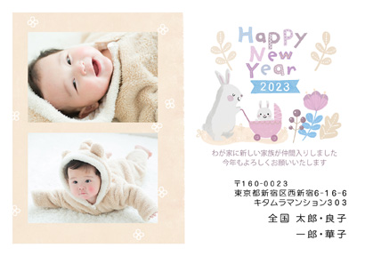 出産報告・卯(兎・うさぎ・ウサギ)の写真入り年賀状デザイン・テンプレート|KYN-202NY
