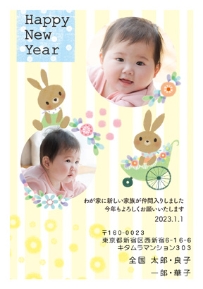 出産報告・卯(兎・うさぎ・ウサギ)の写真入り年賀状デザイン・テンプレート|KYN-204NT